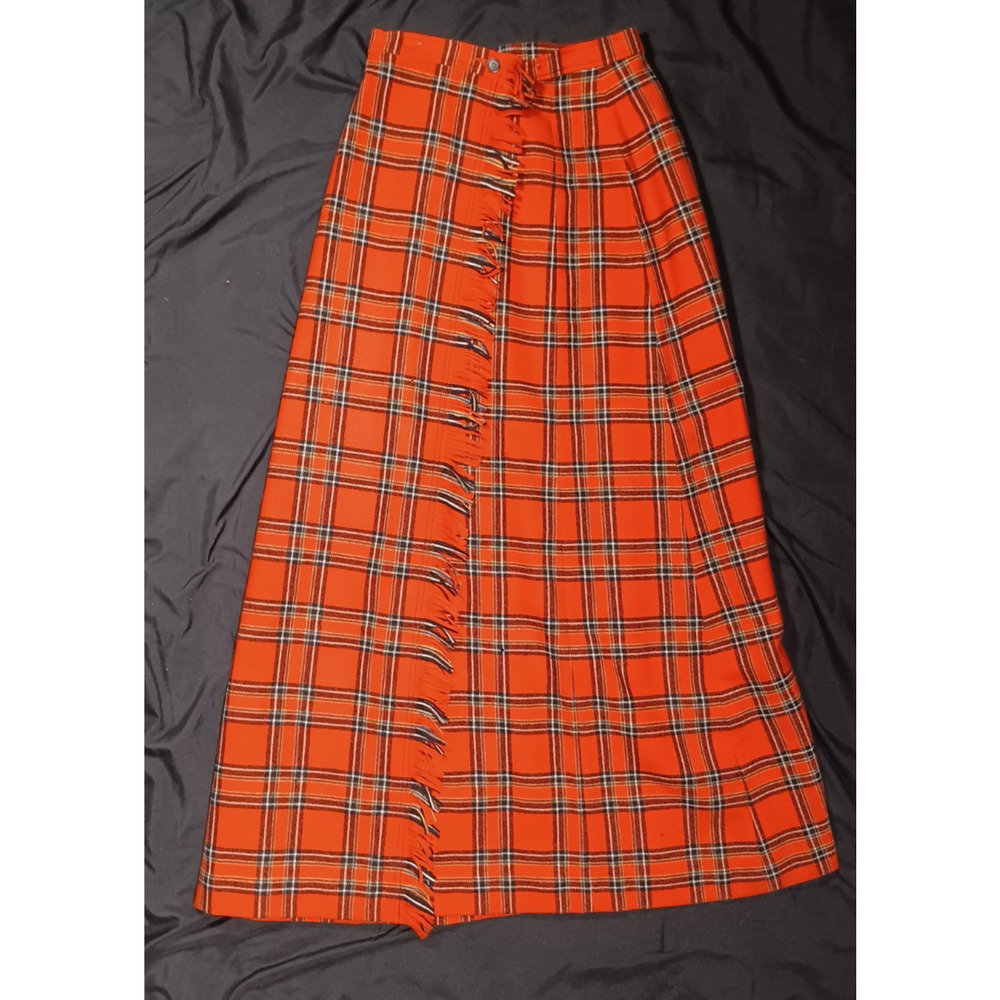 Vintage Plaid Virgin Wool Fringe Wrap Maxi Skirt Burnt Orange 6 Pendleton - Picture 1 of 9